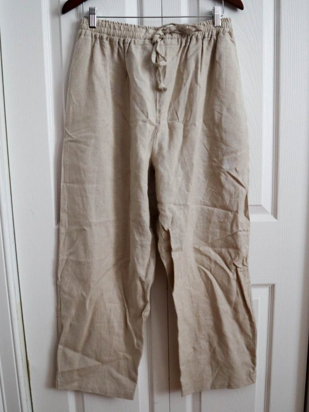 Coldwater Creek Linen Blend Drawstring Pants Khaki Tan Stretchy Sz Large Petite